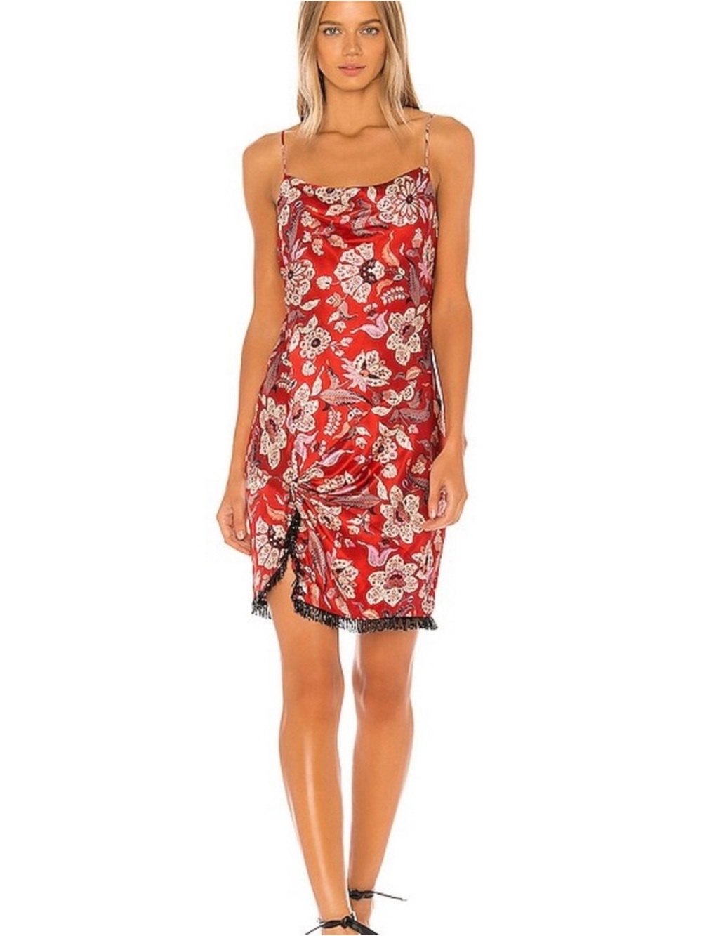 Cinq à Sept Red Venetian Floral Slip Dress with Black Fringe